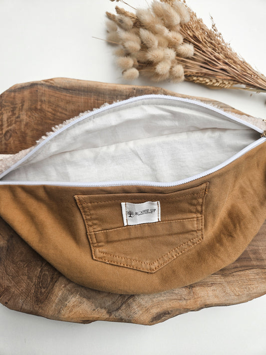 Banane jean caramel & tissu moumoute beige