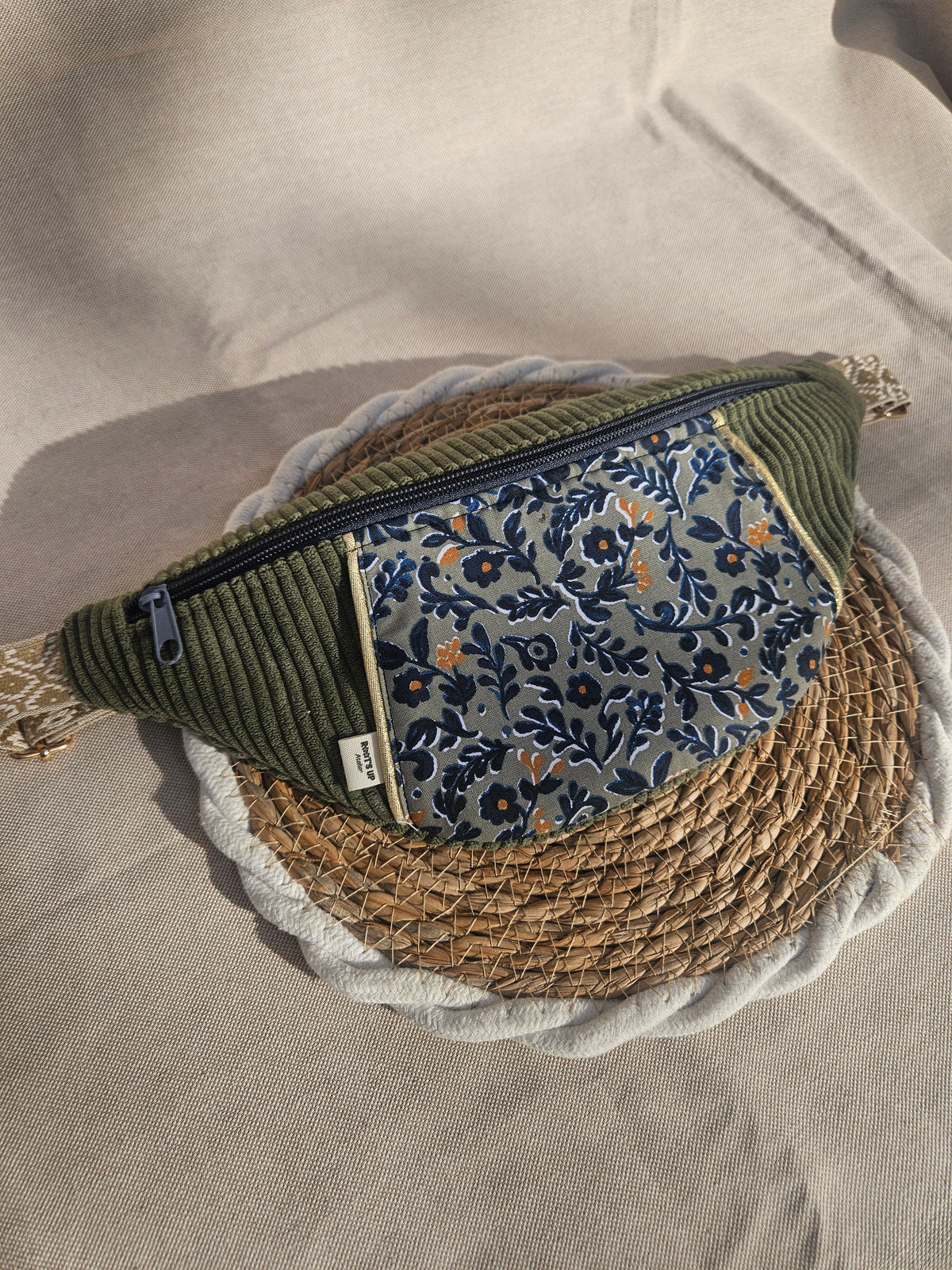 Sac Banane en Velours Côtelé Vert Olive et Imprimé