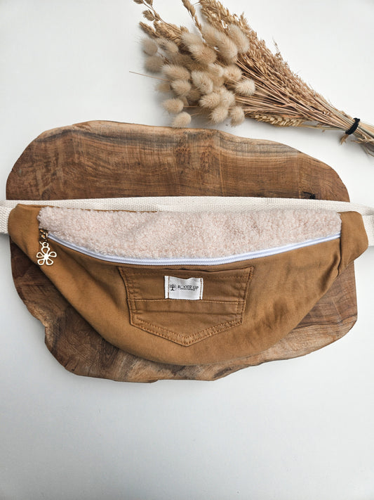 Banane jean caramel & tissu moumoute beige