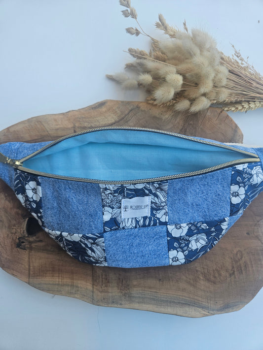 Sac banane upcyclé – Jean & tissu damier