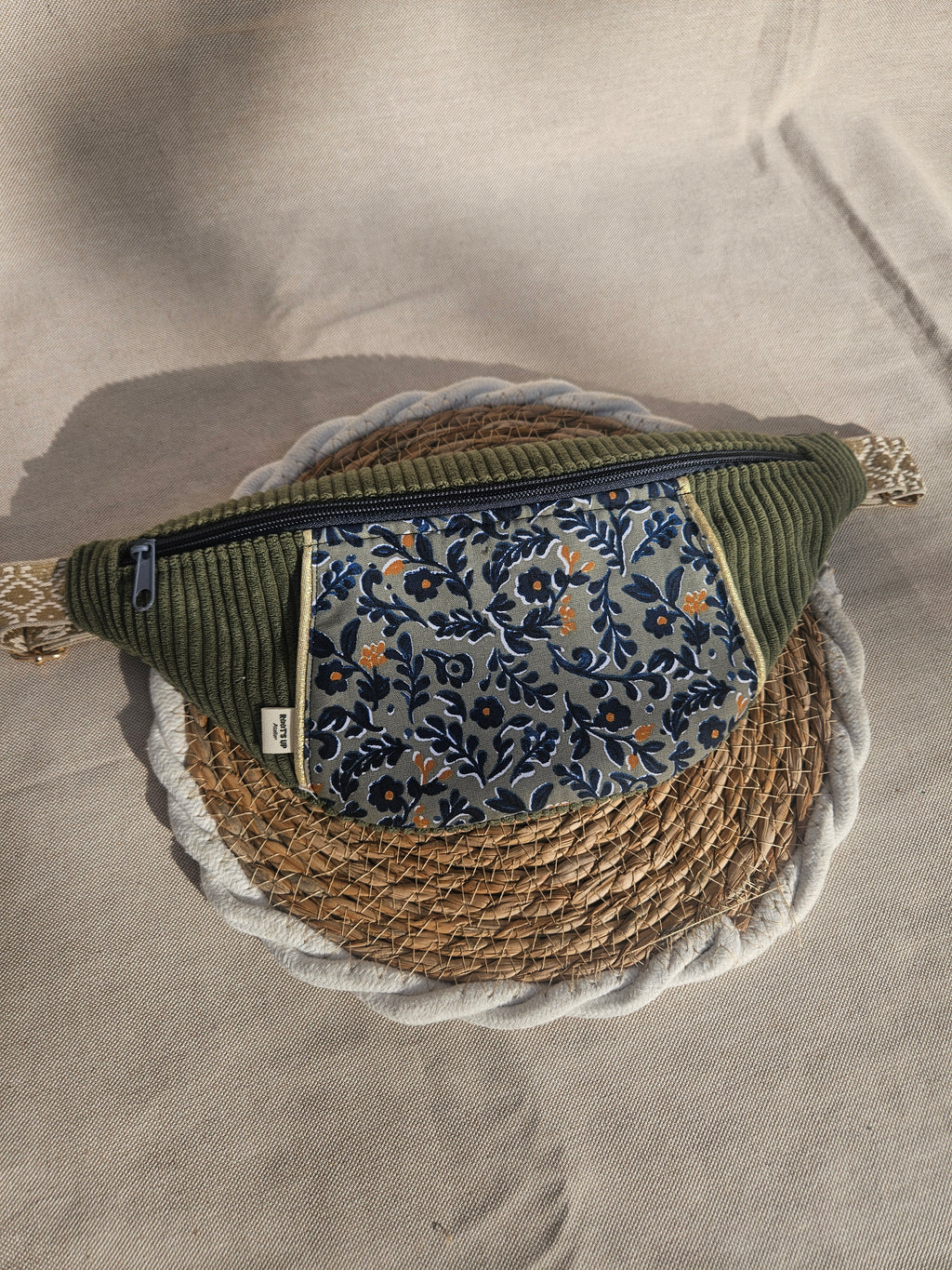 Sac Banane en Velours Côtelé Vert Olive et Imprimé