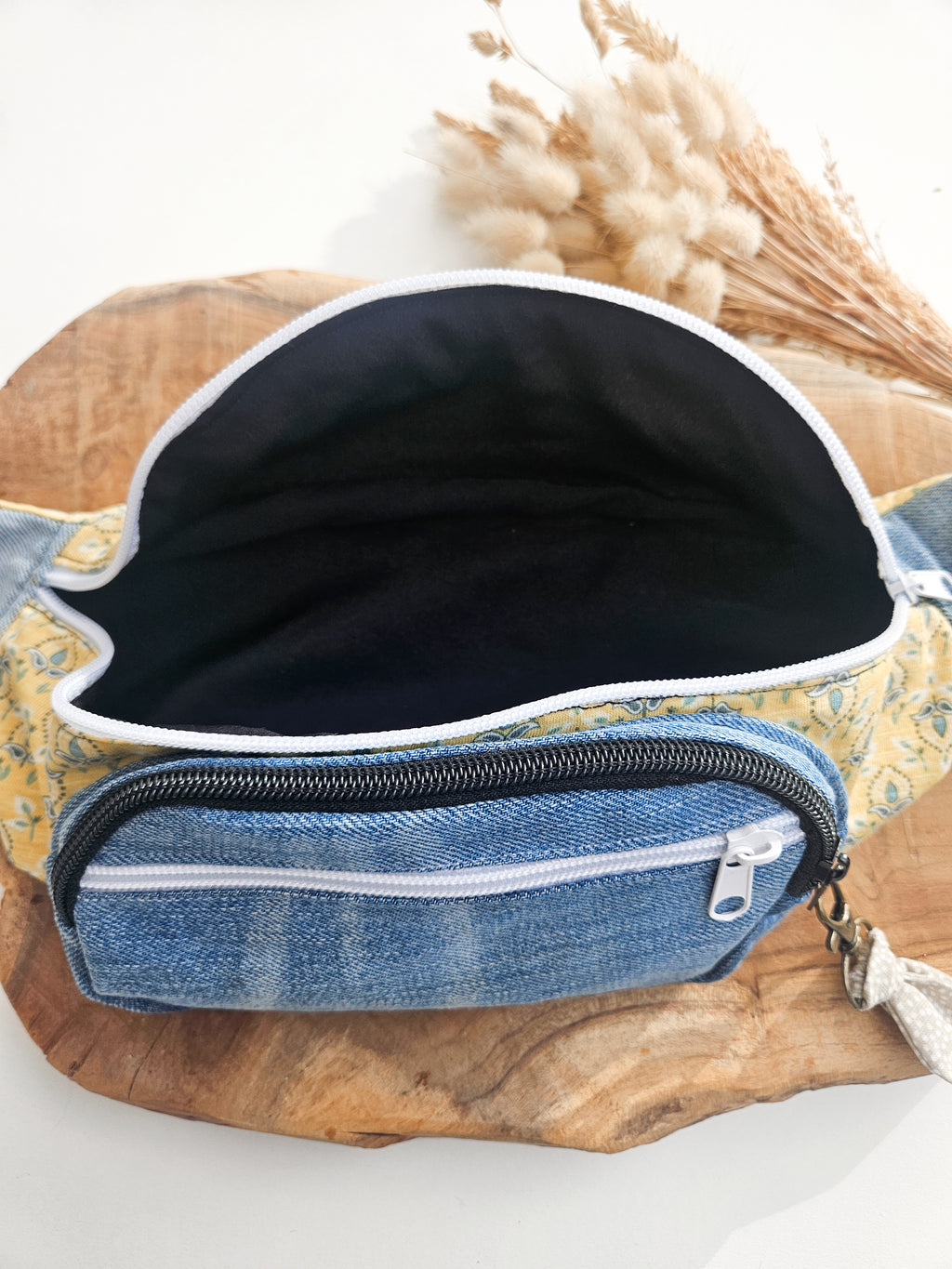 Banane multi-poches – Jean & jaune à motifs