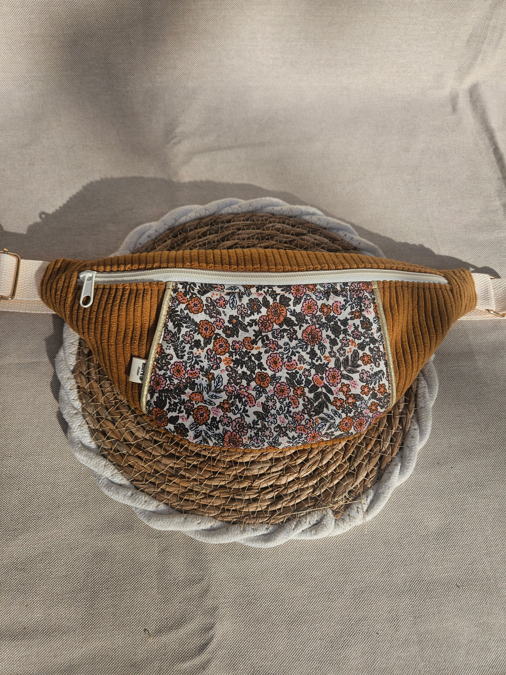 Banane Velours Côtelé Caramel / Miel & Motif Fleuri